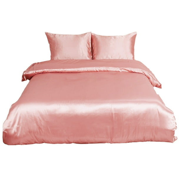 Pink Comforter Set Silk Like Satin Girls Comforter Solid Color Quilt Light Pink Duvet Sets King 1 Comforter 2 Pillowcases King, Pink 